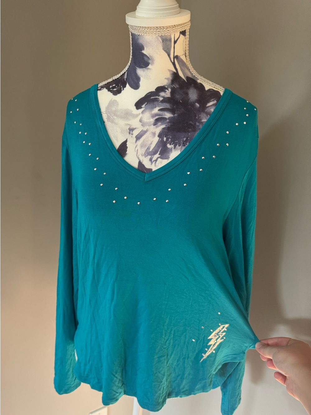 Turquoise Betsey Johnson V-Neck Longsleeve Top With Metallic Stud Embellishments